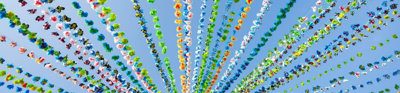 Strings of floral bunting amidst blue sky.