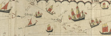 A historic sea-route map of the Arabian coast, showing ships and placenames.