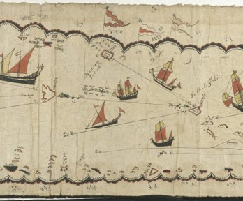 A historic sea-route map of the Arabian coast, showing ships and placenames