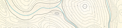 A fake detailed topographic map. thin black lines create circles and swirls encaseing each other around the map. Four conected blue lines swirl arpund the right handside of the map. thhe background is a cream colour ovrelayed with a widely spaced dash linegrid