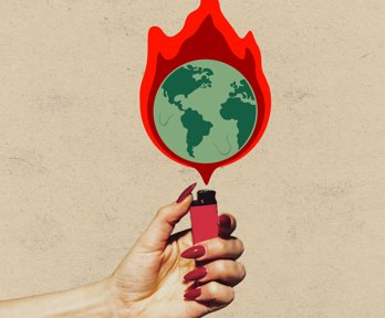 A graphic of a globe surrounded by flame with a hand holding a lighter underneath