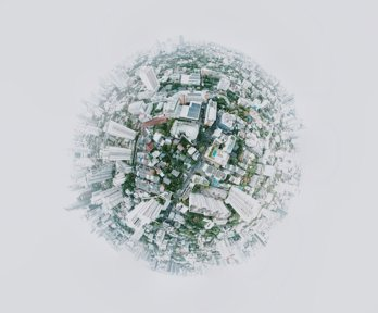 a fish eye aerial view of an urban area