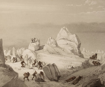Historic painting of explorers in a polar environment