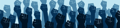 A blue graphic with fists up in the air