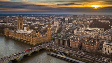 Aerial view of London with Houses of Parliament and Westminster Bridge.