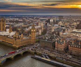 Aerial view of London with Houses of Parliament and Westminster Bridge.