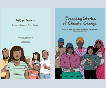 Two article covers side by side. Theleft hand image has title 'After Maria' centred in the piece. At the bottom of the cover there are 6 animated people, with a women in the forefront of the image. The left hand cover has the text 'Everyday stories of climate change' centred. At the bottom there are five animated people, two in front and three behind.