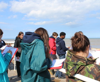 People standing by the sea holding clipboards and making notes