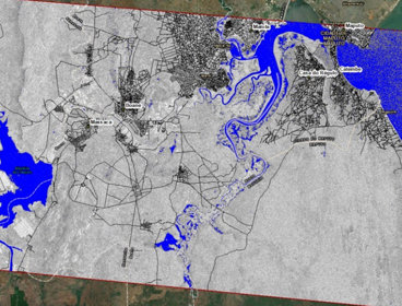 Satellite radar image (European Space Agency, Sentinel-1 sensor) processed to highlight areas of water (blue) near Maputo, Mozambique and overlain with roads (black).