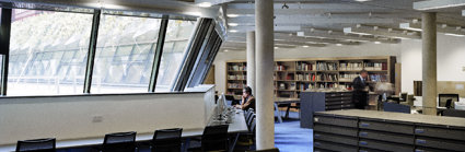 One person sits before a computer whilst the other looks at books on a shelf in in the Foyle reading room.