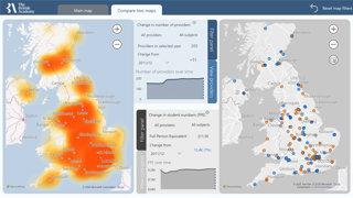 A heat map displaying changes in the number of providers on the left, and a map displaying changes in student numbers on the right.