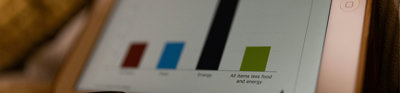 Tablet laying sideways showing graphs with energy and food consumption. Three bars in the graph are blurry. One bar reads 'All items less food and energy'.