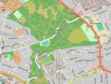 A street map of Mousehold Heath, Norwich, and surronuding areas.