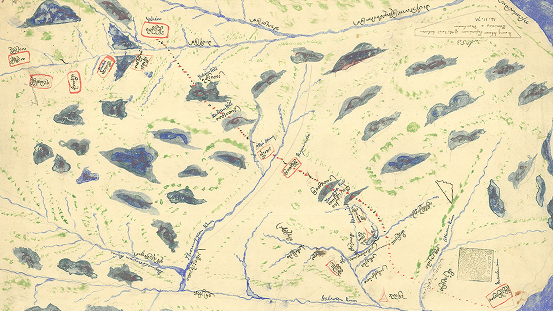 Indigenous Burma map showing rivers, vegetation and rock formations.