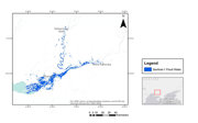 Final output of a flood map showing sentinel flood water in the Kherson and Nova Kakhovka region, Ukraine.