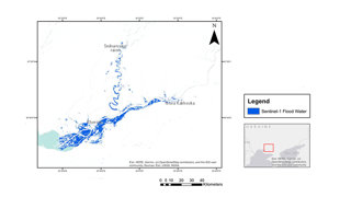 Final output of a flood map showing sentinel flood water in the Kherson and Nova Kakhovka region, Ukraine.