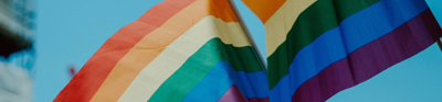 A series of LGBTQIA plus flags waving on front of a blurred backdrop which depicts a clear blue sky.