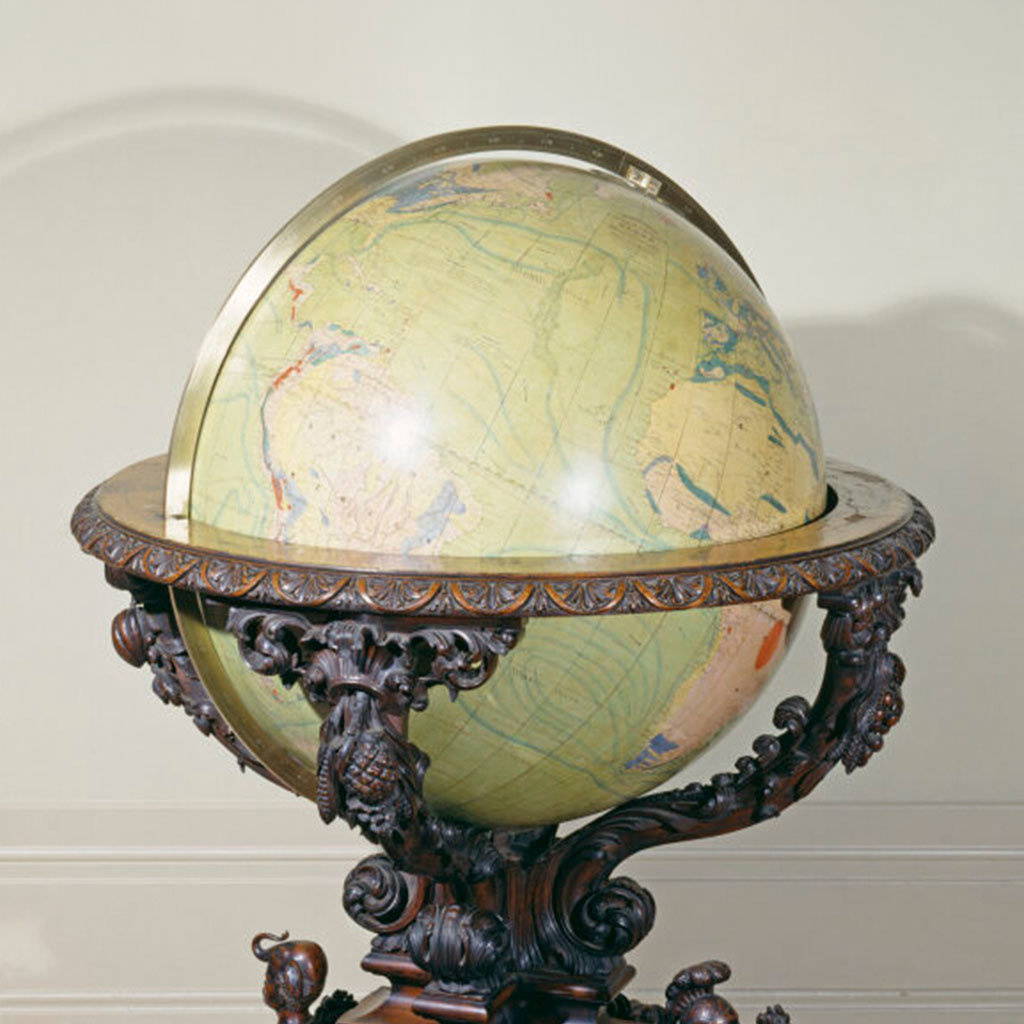 AK Jonston globe showing the side of the globe with South America and the Atlantic ocean.