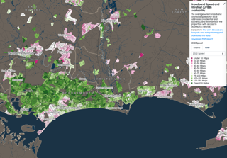 Broadband speed map of Bournemouth measured in Mbps, ranging between under 10 Mbps and over 150 Mpbs.