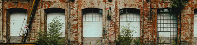 Old, abandoned, derelict building with broken or missing windows and plants growing up the walls and inside.