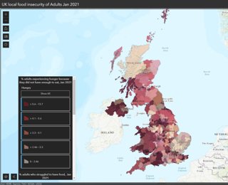 Uk map depicting corepleth map with an index of % adults experiencing hunger because they did not have enough to eat