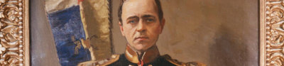 Oil on canvas portrait of Robert Falcon Scott, who is posing with his arms crossed while wearing a formal Navy uniform.