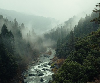 Aerial shot of river flowing through a forest of trees