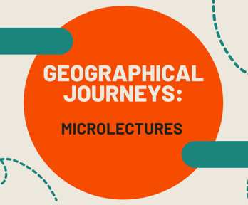 Abstract image of a orange circle against a beige background. The text in the circle reads: 'Geographical journeys: microlectures'.