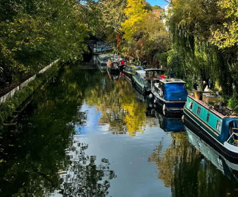 View of canal with narrow boats and autumnal trees.