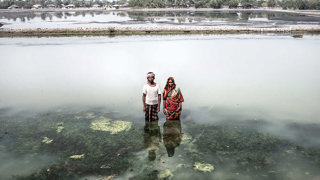 Two local residents standing in the salty waters of the Bay of Bengal delta.