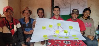 Six people sat in a row holding up a large piece of paper with a hand drawn diagrams. 