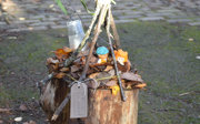 Branches, leaves, a plastic cup and two toy dolls on top of a tree trunk. A label hangs from one twig and reads: I belong to Glasgow.