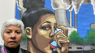 Laura Pulido taking a selfie in front of an artwork depicting a person using an asthma inhaler, a set of swings on a playground and a factory pipes with exhaust fumes.