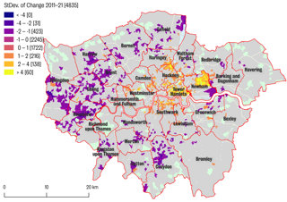 Map displaying Gentrification in London from a 4 to -4 scale