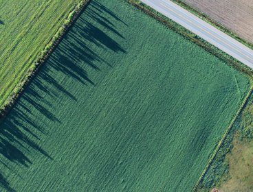 View from above of a road in the countryside passing along a green field.