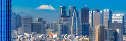 Skyline of Tokyo on a bright sunny day with in the background the snow capped top of Mount Fuji.