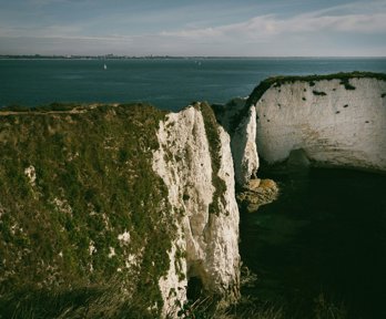 Old Harry Rocks viewed from above- a chalk stack formation in the sea