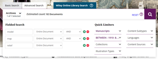 Wiley Digital Archives fielded search example for the words model, and map, and relief.