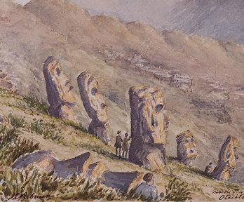 Watercolour drawing of Easter Island statues, with two people inspecting one of the statues closely.