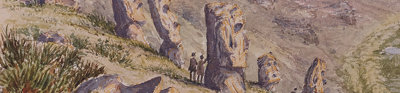 Watercolour drawing of Easter Island statues, with two people inspecting one of the statues closely.