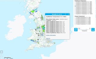 Coal Authority Viewer showing temperatures at 400m below the ground in British Coalfields.