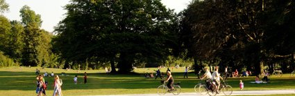 An area of parkland, showing people walking, sitting and cycling. It is a nice day and the sun is low in the sky which is casting long shadows from the trees.