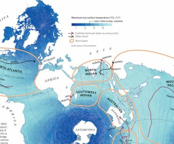 A map of the world showing storm tracks and variations in sea surface temperature