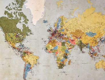 World map with pins in lots of locations