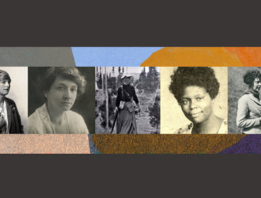 Black and white photographs of Mina Hubbard, Evelyn Cheesman, Dorothy Pilley, Ethel Haythornthwaite, and Wangari Maathai.